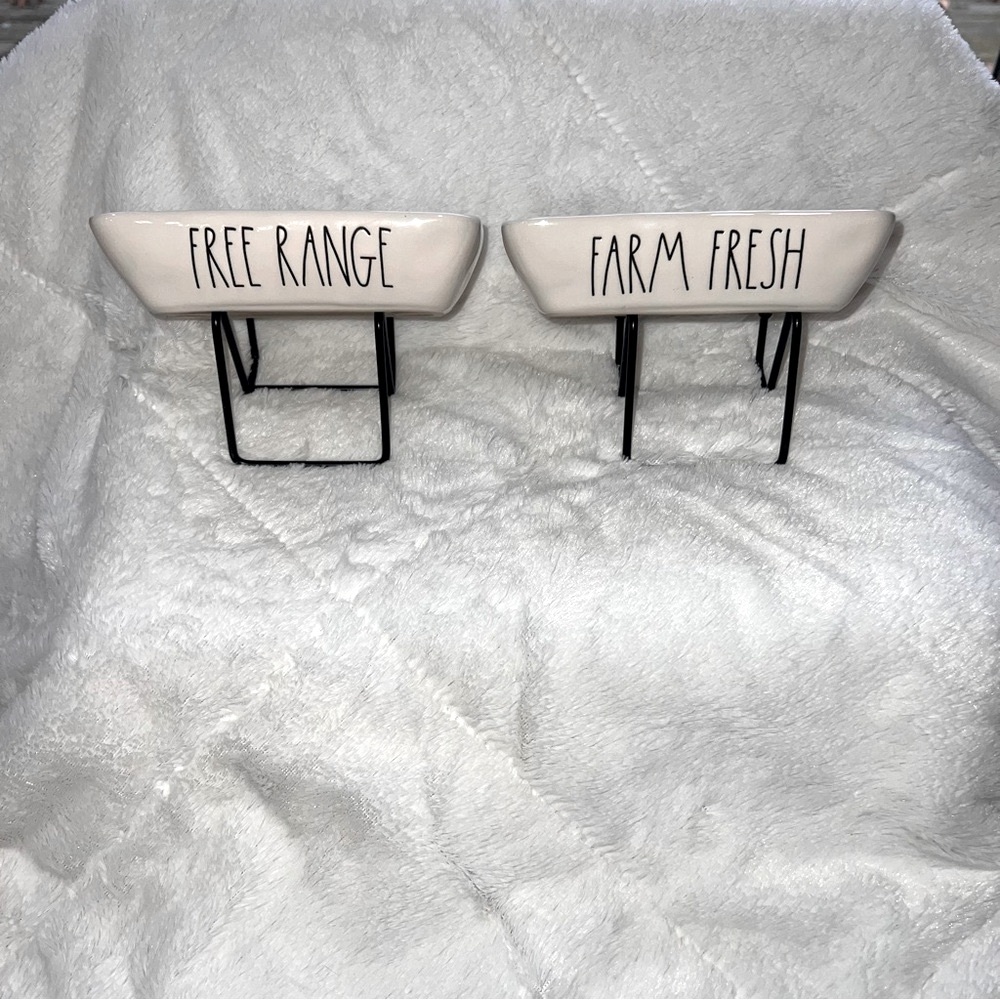 RAE DUNN Egg Holder Displays Set of 2 White with Black Lettering and Dunn Stamp